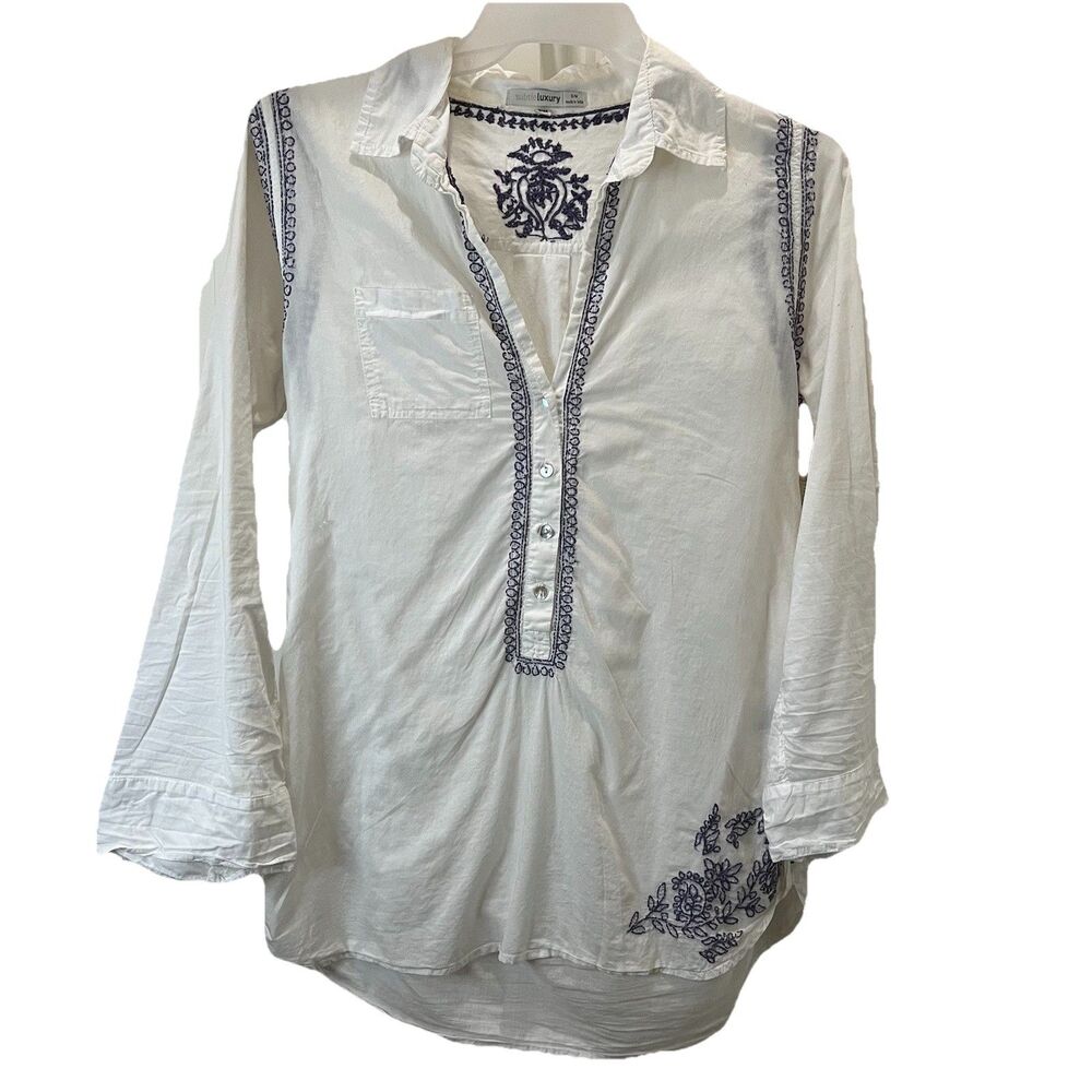 Subtle Luxury Women S/M White Cotton Blue Embroidered Boyfriend Shirt Tunic